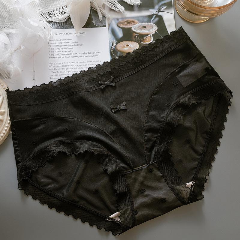 Mesh Lace Thin and Semi-transparent Panties with Double Bowknots and Small Flowers, Pure Desire and Seductive Triangle Women’s Panties