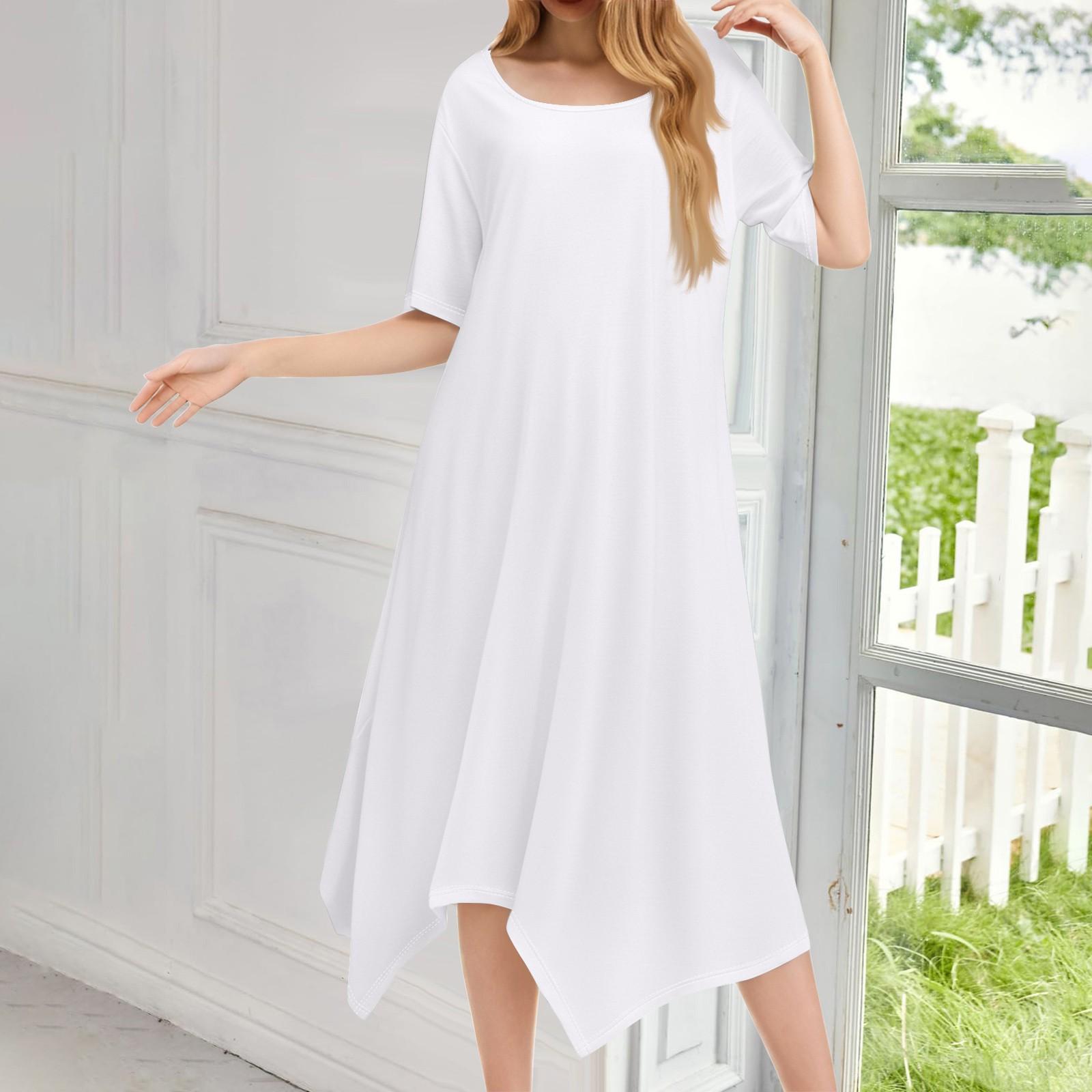 

Женское повседневное модное платье миди с круглым вырезом и коротким рукавом, однотонное, с неровным подолом M белый