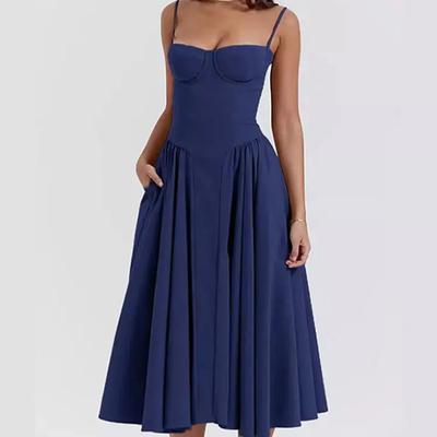Sexy Solid Pleated Hem Sling Dress Women Fashion Midi Sleeveless Backless Dresses Female Summer Party Evening A-line Robes