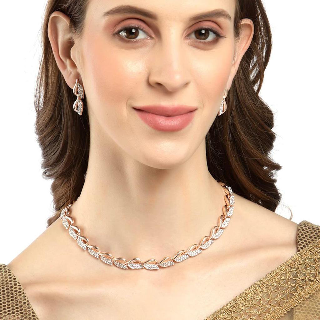 Women American Diamond Studded Intrcately Designed Leaf Shaped Necklace With Earring Jewellery Set For Women and Girl