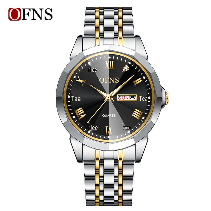 OFNS Elegant Couple Steel Band Quartz Watch with Calendar and Roman Numerals