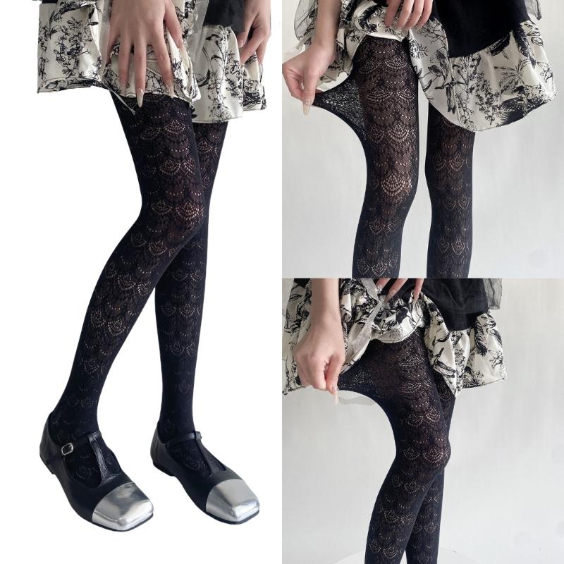 Women Elegant Hollowed Out Lace Solid Pantyhose Stockings Japanese Style Vintage Flower Jacquard Mesh Tights Leggings