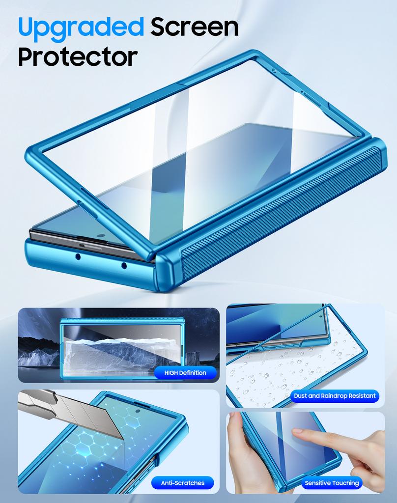 For Samsung Galaxy Z Fold 7 Case with Card Holder RFID Blocking,Built In Slide Lens Cover&Hinge Protection&Screen Protector,Wallet Case-Light Blue