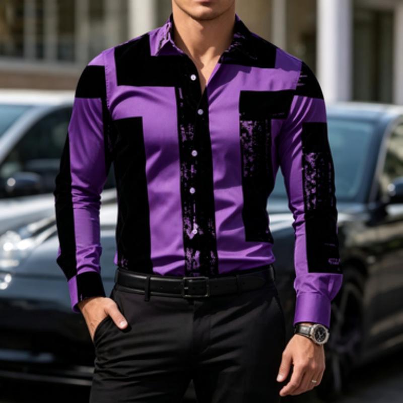 Men's Shirt Color Block Lapel Long Sleeved Shirt Abstract Geometric Print Slim Fit Shirt Light Business Daily Casual