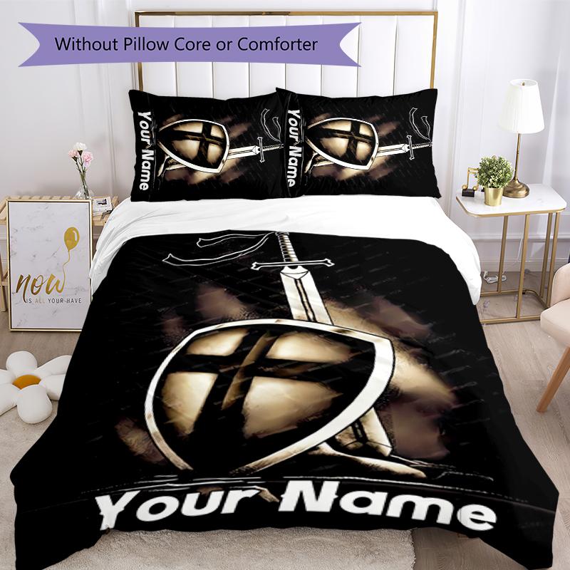 3pcs Custom Name Cartoon Knights Templar Bedding Set Duvet Cover Closure Includes 1 Duvet Cover & 2 Pillowcases for All Seasons Bedroom Decor