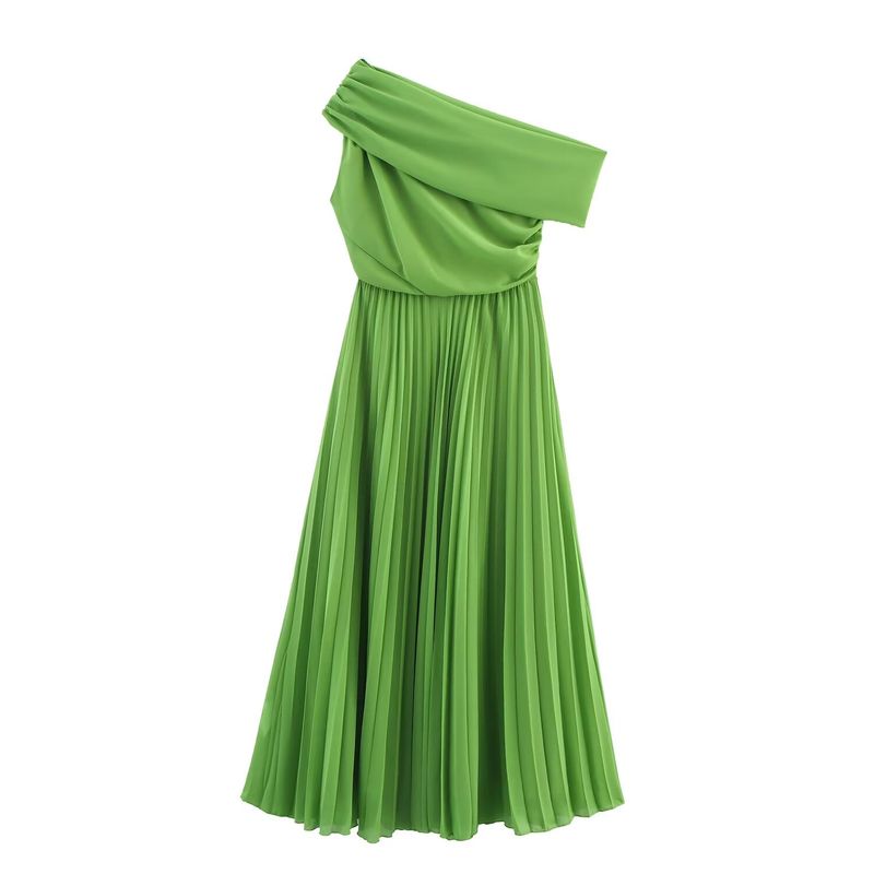 Kaslead New Women Clothes Western Style Fashion Simple Slim Fit Temperament Sloping Shoulder Waist Hugging Pleated Dress
