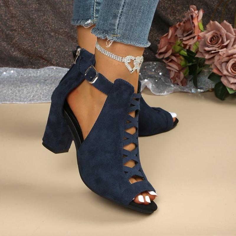 2026 Summer New Round Toe Open Toe Cutout Zipper Soft Sole Non-slip Block Heel Women's Shoes Fish Mouth Sandals
