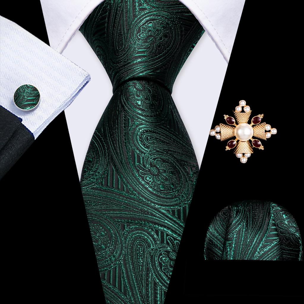 Pearl Brooch with Silk Tie for Men Vintage Floral Teal Necktie Hanky Cufflinks Gift Formal Set