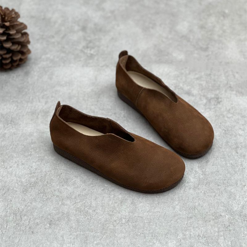 Johnature Genuine Leather Solid Color Women Flats Shoes Concise Retro Handmade Round Toe Shallow Slip-on Shoes