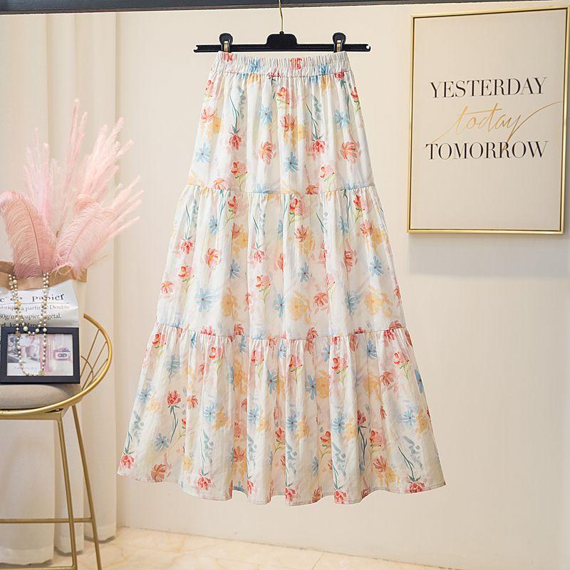 

Біла квіткова спідниця для жіночого літа Нова з високою талією А-силуету Середньої довжини Спідниця-торт 2XL