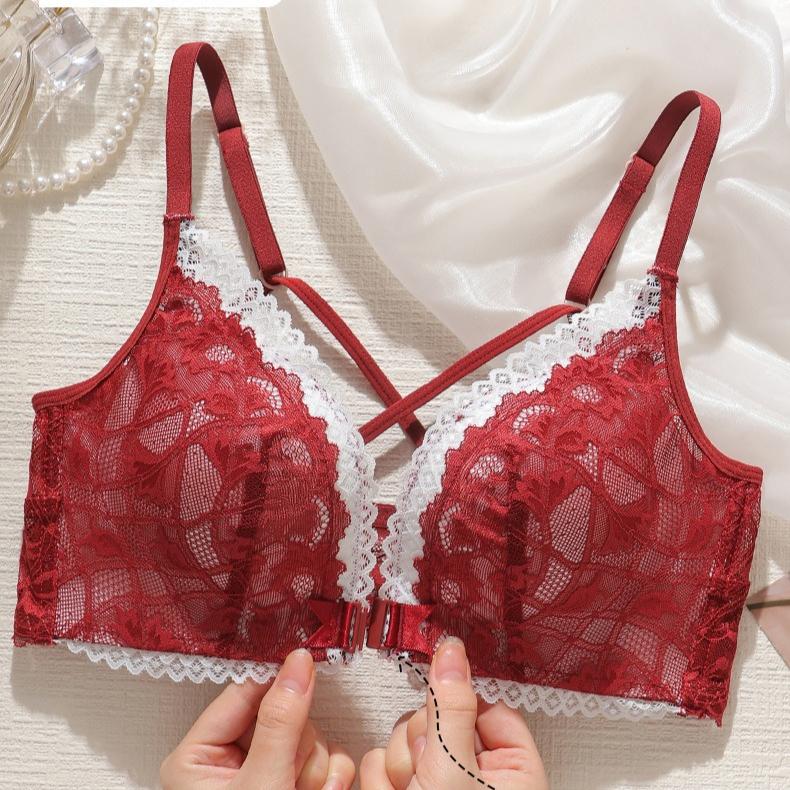 Front Button Bra Sexy Lace Gathering Bra Breast Retraction Anti-sagging Underwear Lace No Steel Ring Beautiful Back Bra