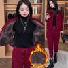 Women's Plus Velvet Corduroy Suit - Autumn/Winter Fashionable Plus Size Loose-Fit Coffee Two-Piece Set