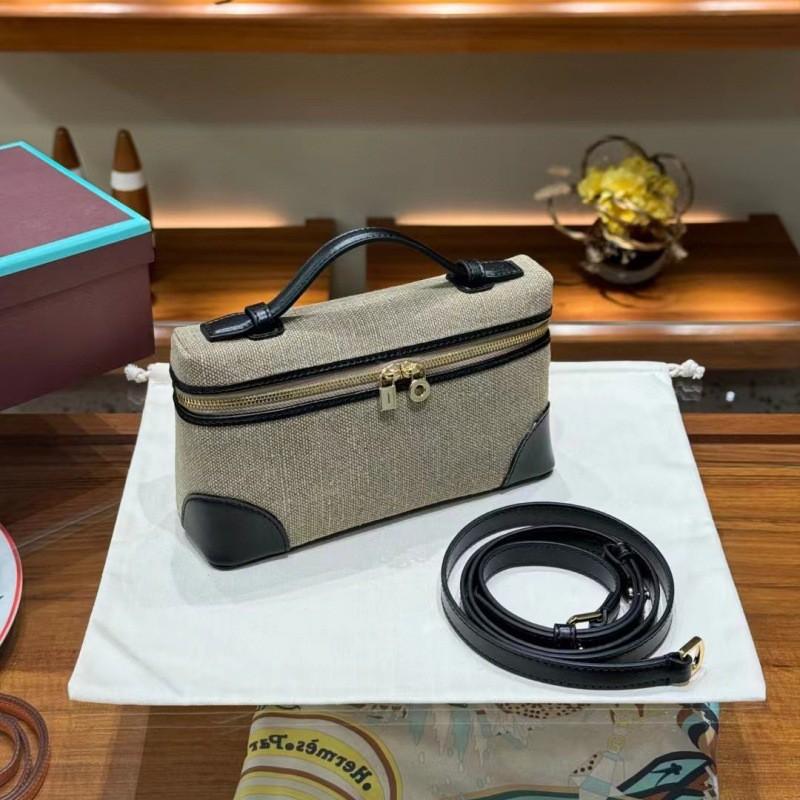 Canvas Contrast Lunch Bag Linen Vintage Genuine Leather Box Handbag Crossbody Small Size