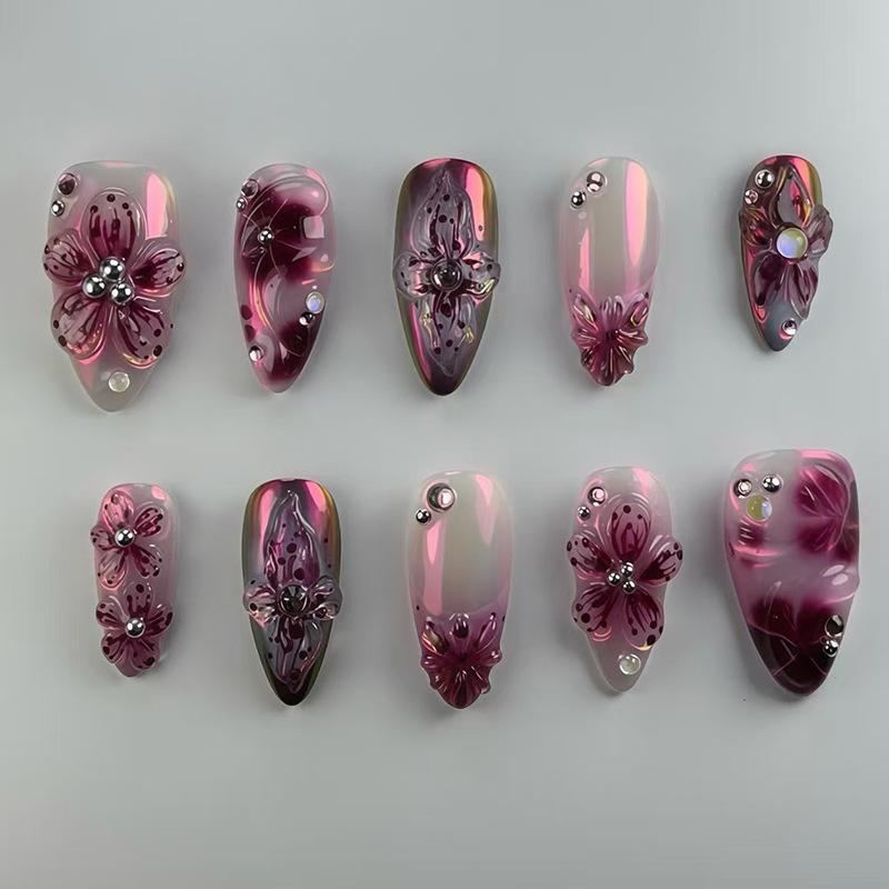24Pcs Gold Pink Flower Press On Nails Almond Shape Glossy Fake Nails With Pearl Decor Autumn Ballet False Nail Tips