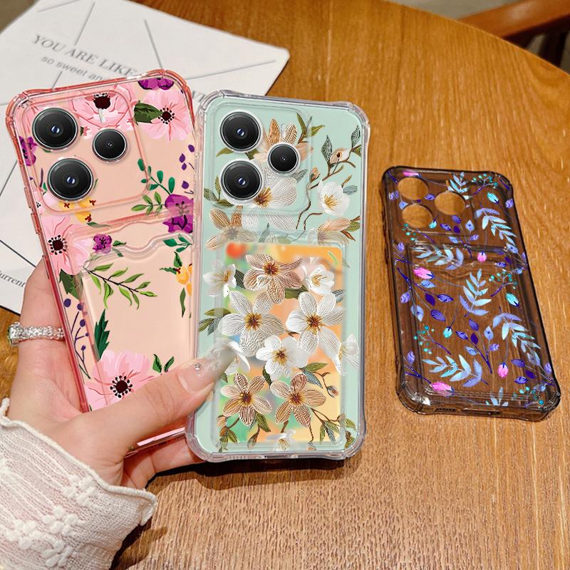 Card Pocket Bag Clear Phone Case For Xiaomi 14T 13T Xiaomi 14T 13T Pro Pink Blue Flower Print Shockproof Soft TPU Silicone Cover