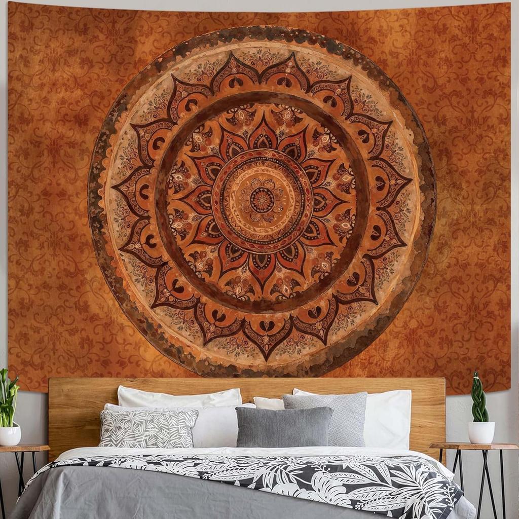 Boho Mandala Gobelin Wiszący na Ścianę Hippie Bohemski Kwiatowy Medalion Indyjski Gobelin Estetyczny Artystyczny Wystrój Ściany Duży Vintage Pomarańczowy