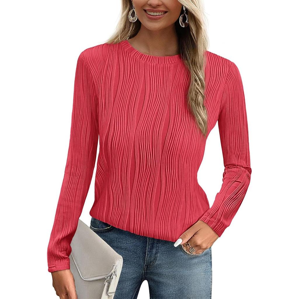 Women's Fashion Round Neck Long Sleeve T-Shirt Solid Color Textured Bottom Top