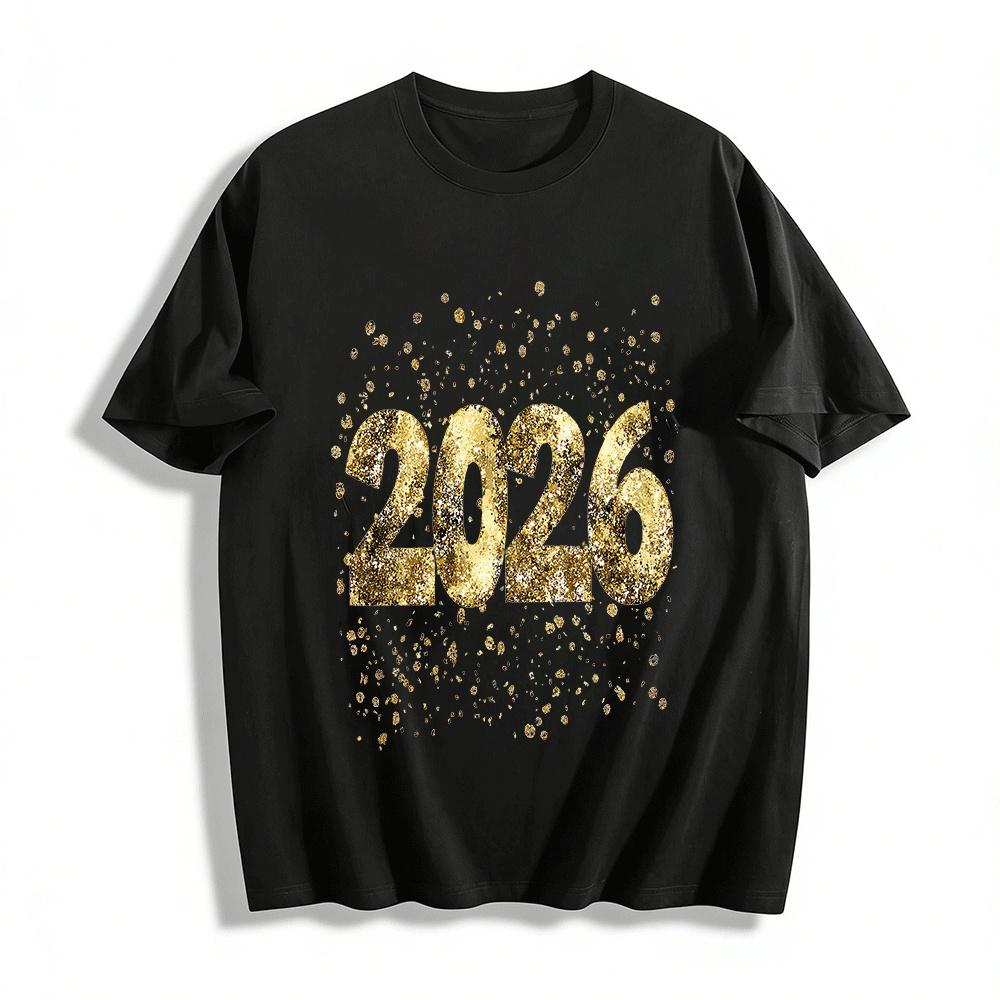 

2026 New Year Glitter Print Casual Unisex Top Pure cotton T-shirt XXS