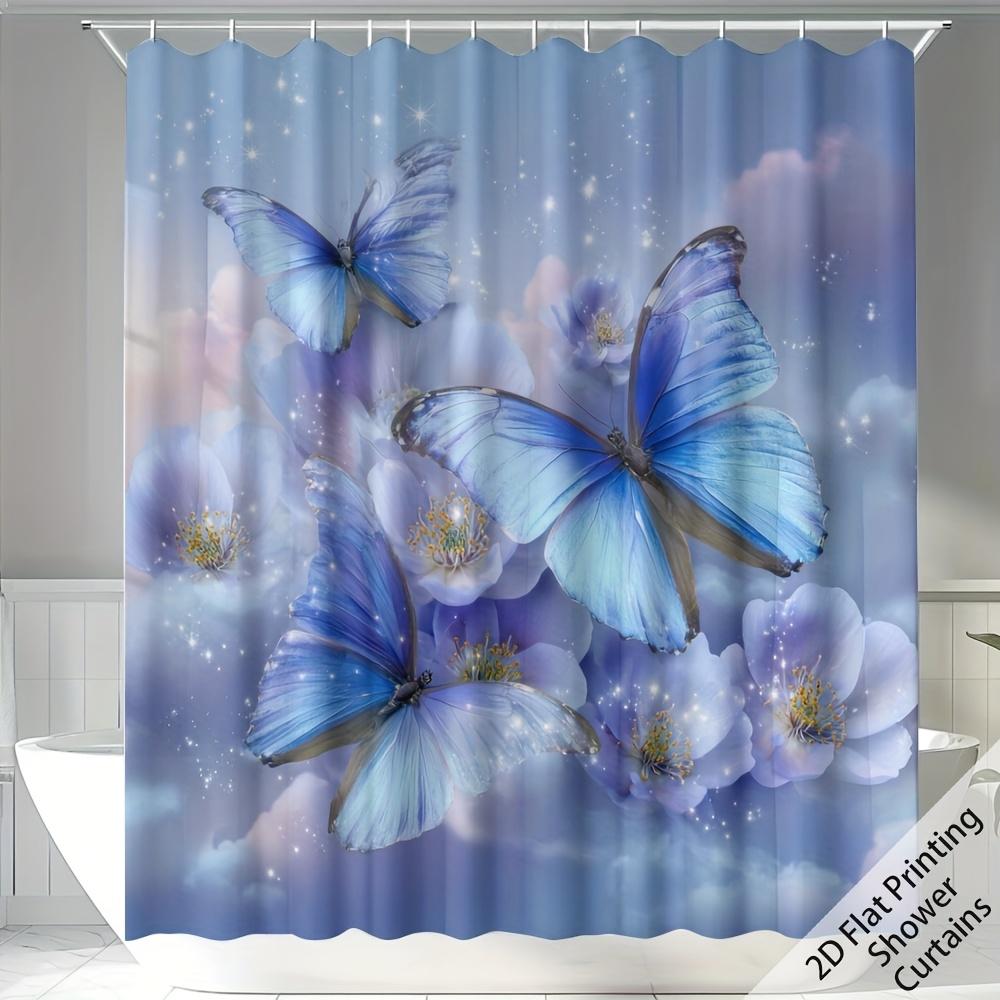 

One Piece Of A Blue Butterfly And Floral Design Shower Curtain Made Of Polyester, Complete With 12 Hooks. It S Machine Washabl W60H190(CM)-1 Pcs