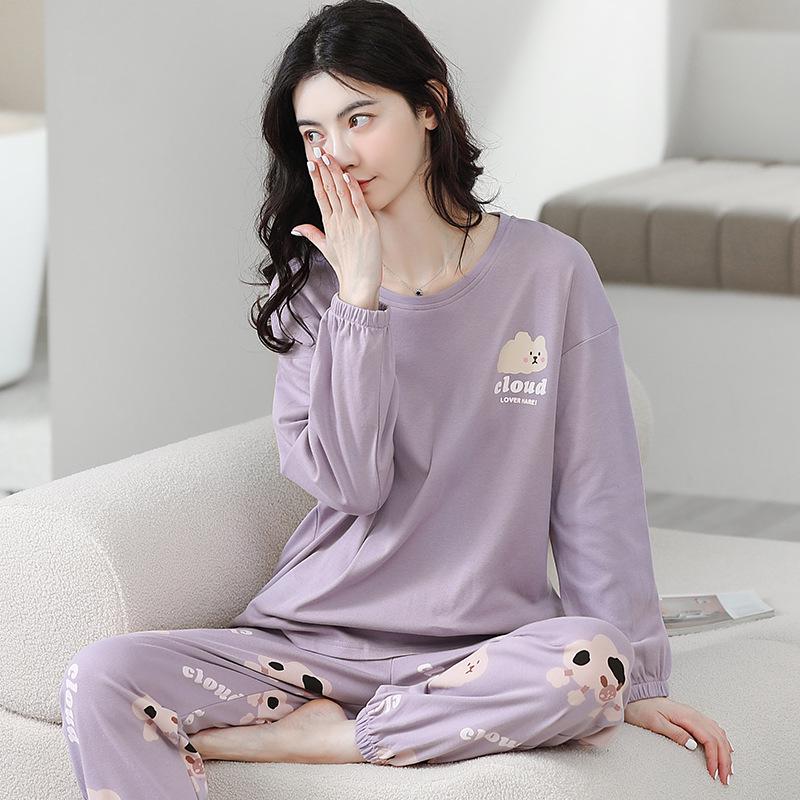 Aifen Teng Women's Pajamas Set: Pure Cotton, Long Sleeve, Long Pants, Casual Home Wear, Suitable for Spring, Autumn, and Winter.