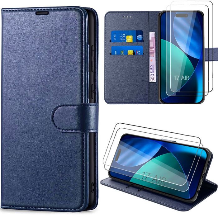 Case for iPhone Air - BOOLING - Shockproof Protection Navy Blue Synthetic Leather - 2 Tempered Glasses