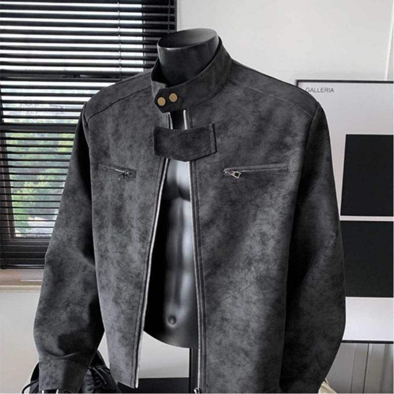 Mens Brown Pu Leather Short Biker Jacket Turn Down Collar Casual Outerwear