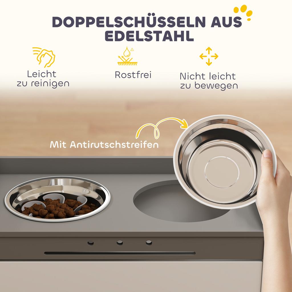 Elevated Dog Bowl Feeding Bowl with Storage Cabinet, 2 Bowls with Anti-Slip Rings, 60 x 30 x 35.5 cm, White