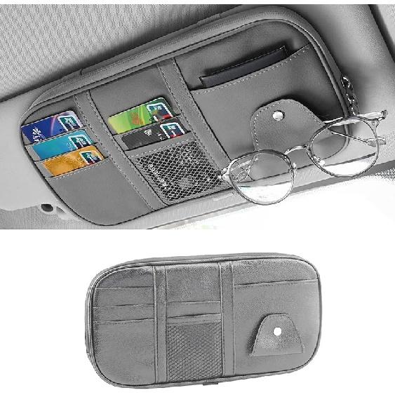 Car Sun Visor Organizer, Multi-Pocket PU Leather Sunglass Holder And Storage Pocket With Net Zipper, Card Sleeve Pocket Organizer, Auto Interior