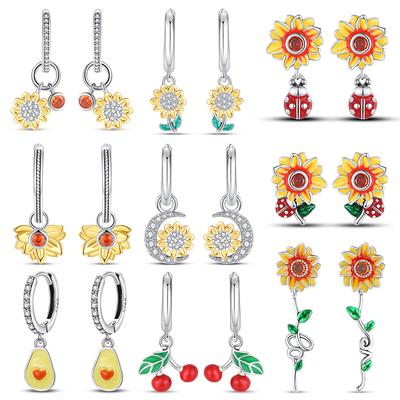 Nieuw in 925 Zilverkleur Kersen Avocado Lieveheersbeestje Bloemen Warme Zonnebloem Oorbellen Voor Vrouwen Fijne Mode Persoonlijke Sieraden Cadeaus