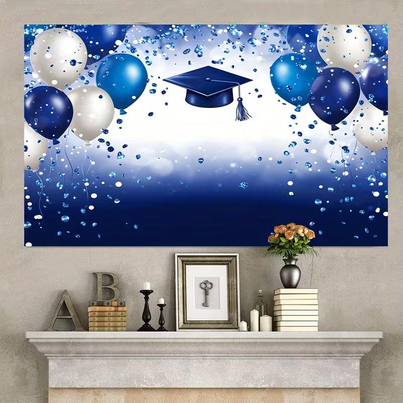 2D College Graduation Backdrop, Elegant Blue Themed Balloons & Cap Banner