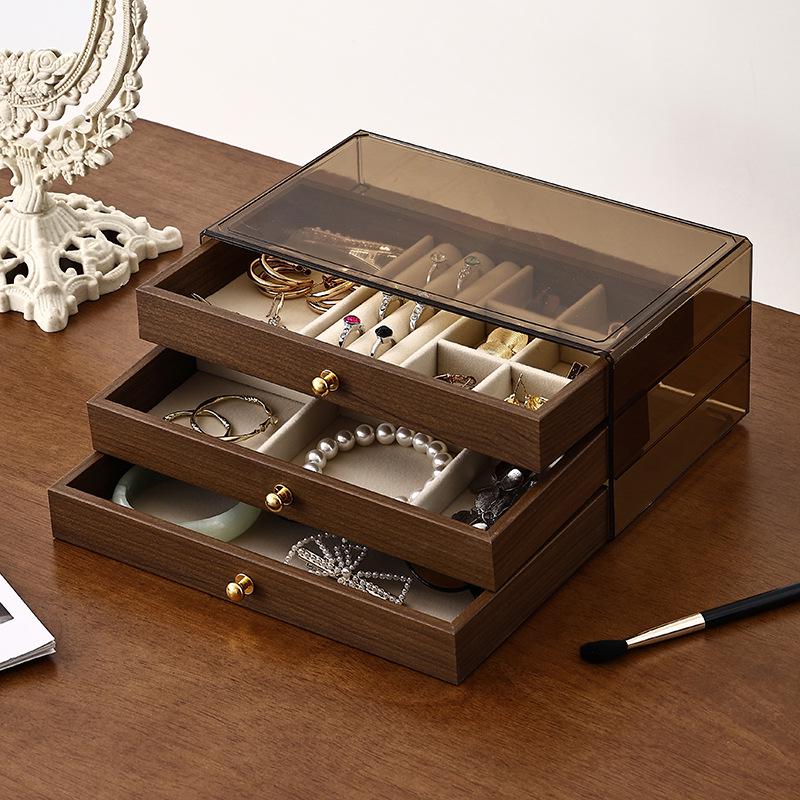 Walnut Multi-Layer Wooden Jewelry Box - Dustproof Organizer for Earrings, Rings, and Necklaces