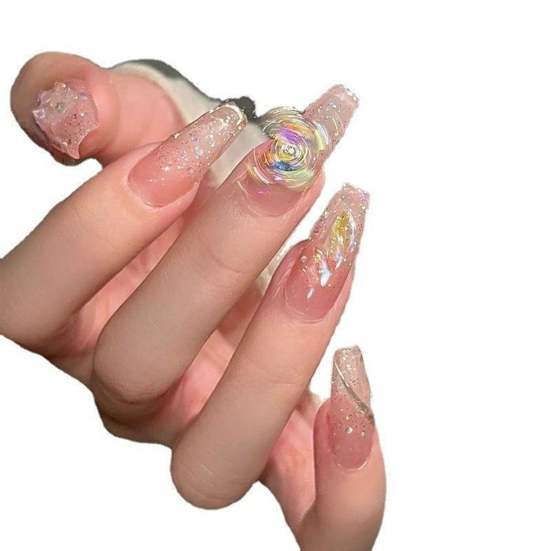 100% Handmade Long Trapezoid Fake Nails Art Aurora Rotating Butterfly Popular Nails Reusable Fake Nails