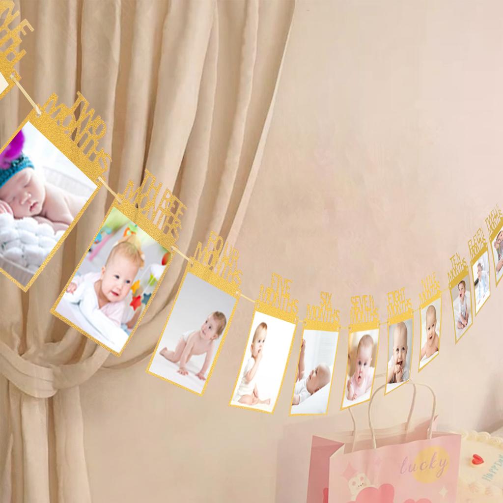 Kindergeburtstagsfeier, Dekoration des Veranstaltungsortes für die Erstjahresfeier, Fotos Januar-Dezember, Flaggen, Fotorahmen, Banner