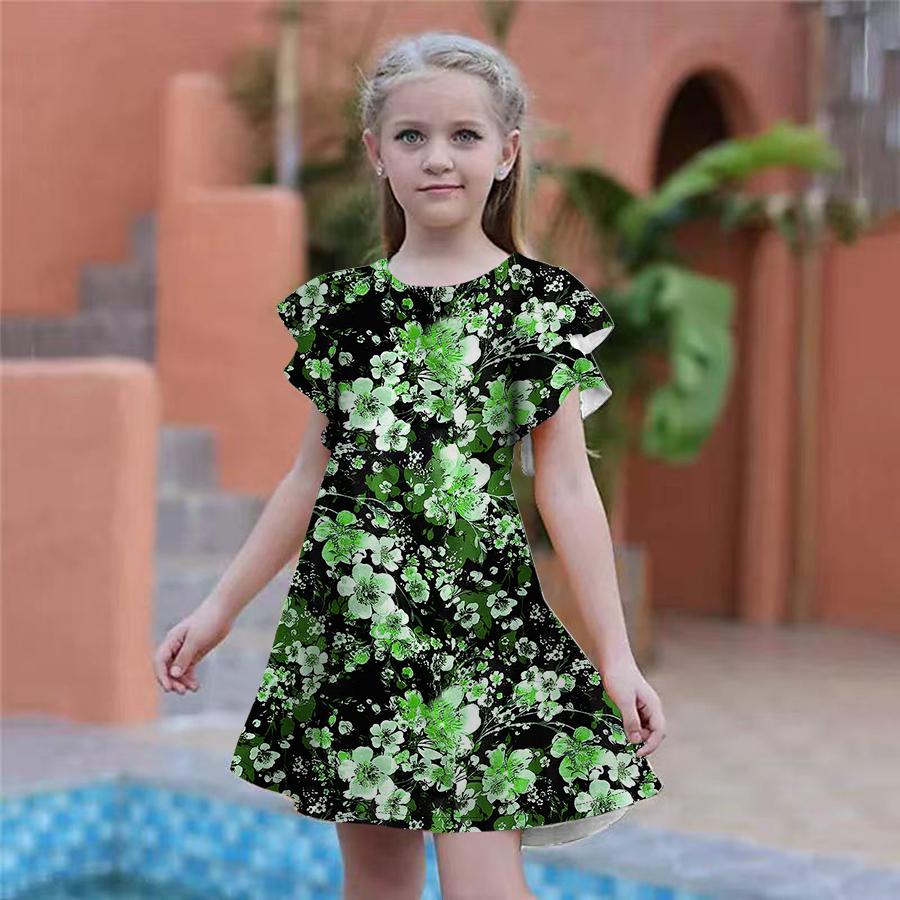 Dívky Obrazovka plná květin Šaty s potiskem Dětské Dívčí společenské šaty Volný střih Volný střih sukně s krátkým rukávem pro dívky starší čtyř let
