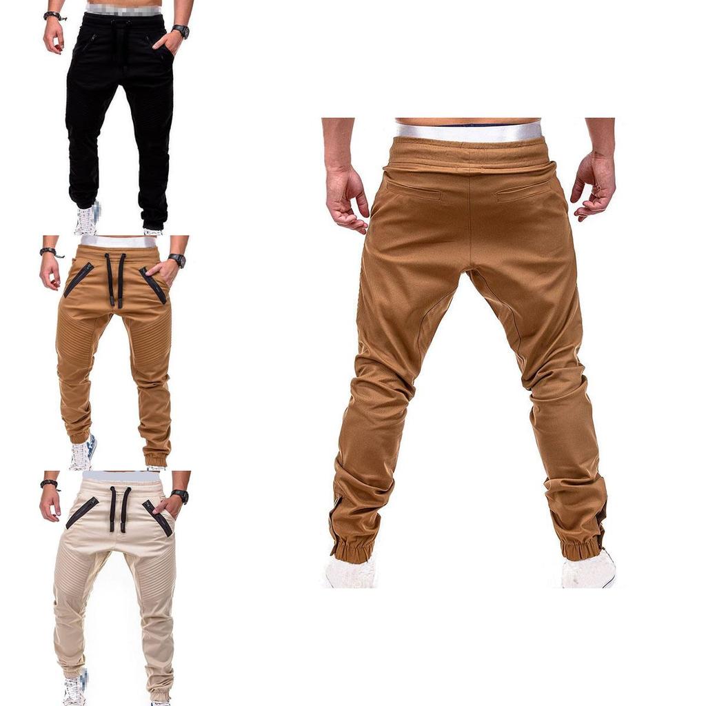 Men's Slim Fit Cuffed Trousers With Adjustable Waist And Multiple Pockets