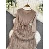Affordable Luxury Fashion Socialite Elegant Ruched 3/4 Sleeve V-neck Waist-Controlled Slimming Mid Length Long Length A- Line Tassel Dress
