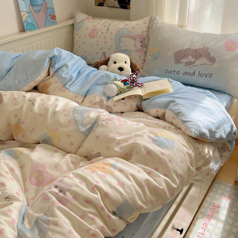 Cztero-częściowy Słodki Mały Świeży Bawełniany Trzy-częściowy Poszwa na Kołdrę Arkusz Łóżkowy Zestaw Dormitory