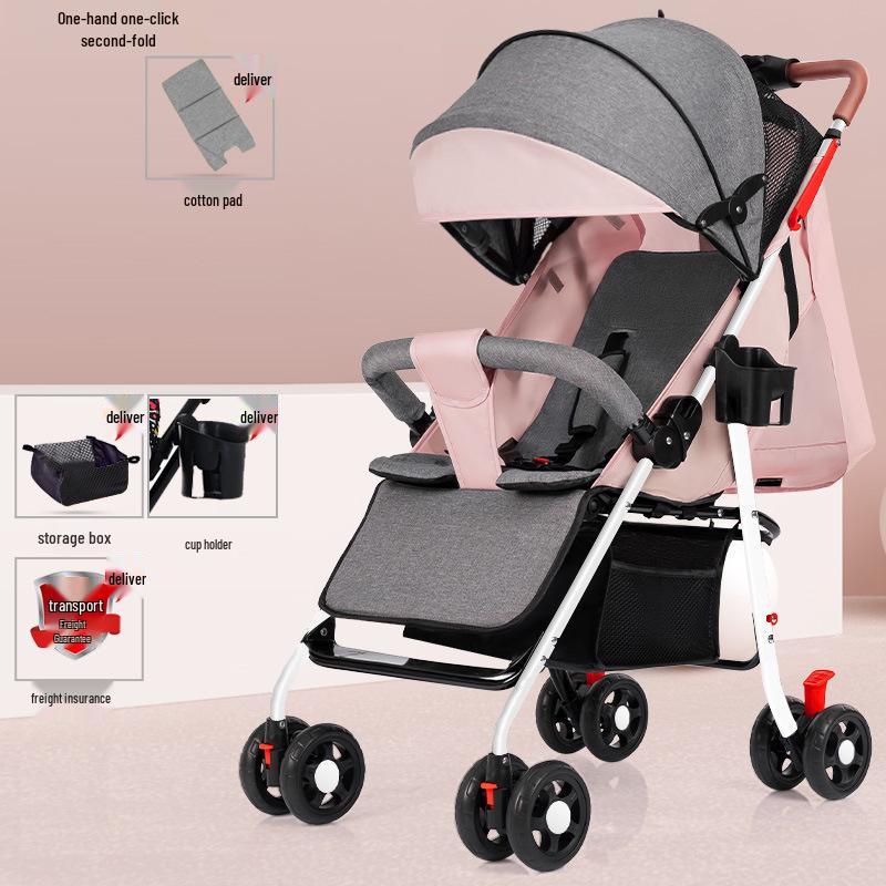 Lightweight Foldable Stroller: Sit or Lie Position, Four-Wheel Design, One-Key Fold for Kids and Babies.