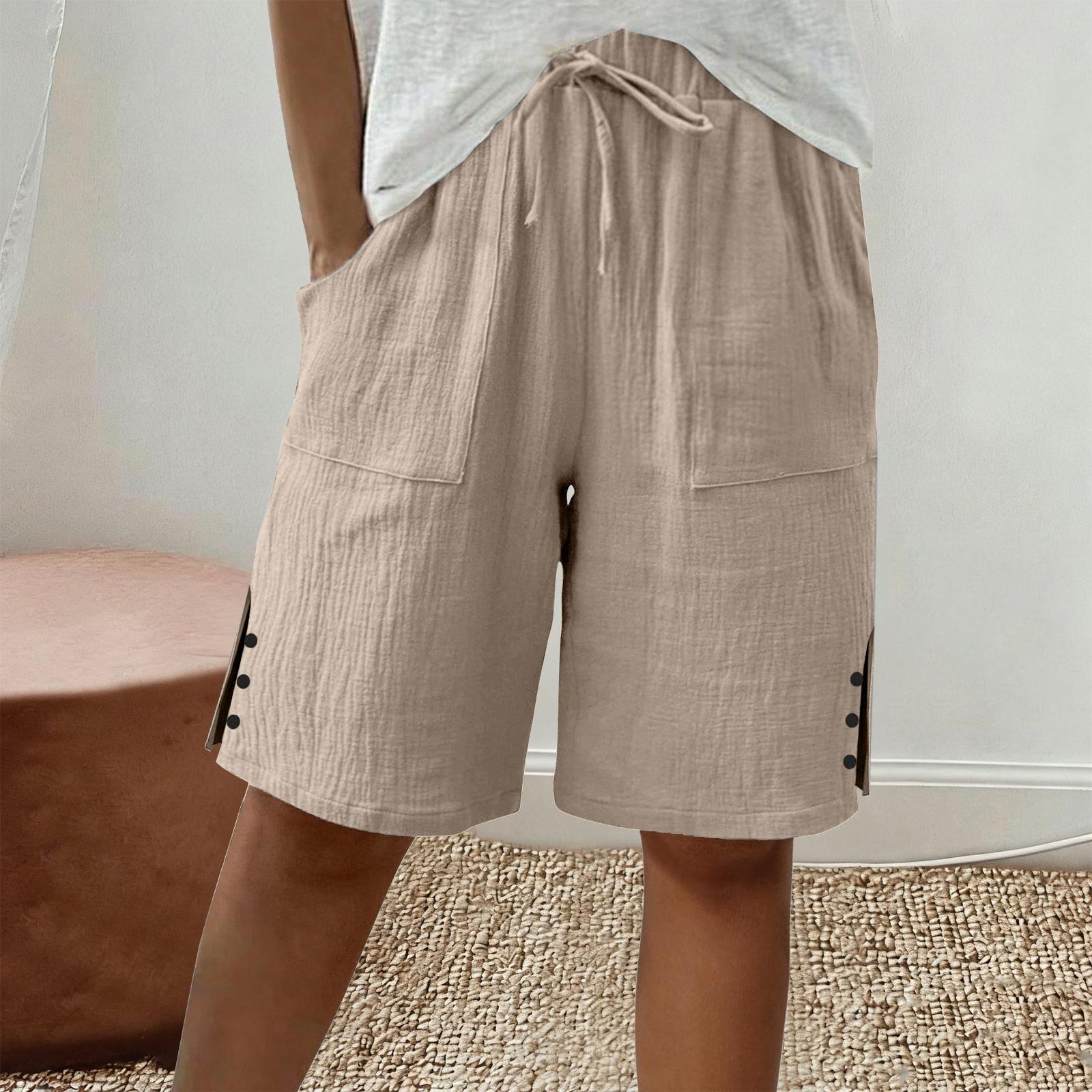 Women s Large Shorts Summer Casual Wide Leg Knee High Waist Cotton Pocket Long Shorts M хаки