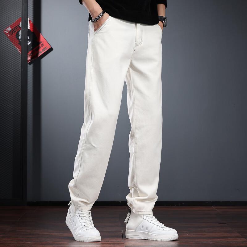 Jielenuo Men's Relaxed Tapered Washed White Jeans
