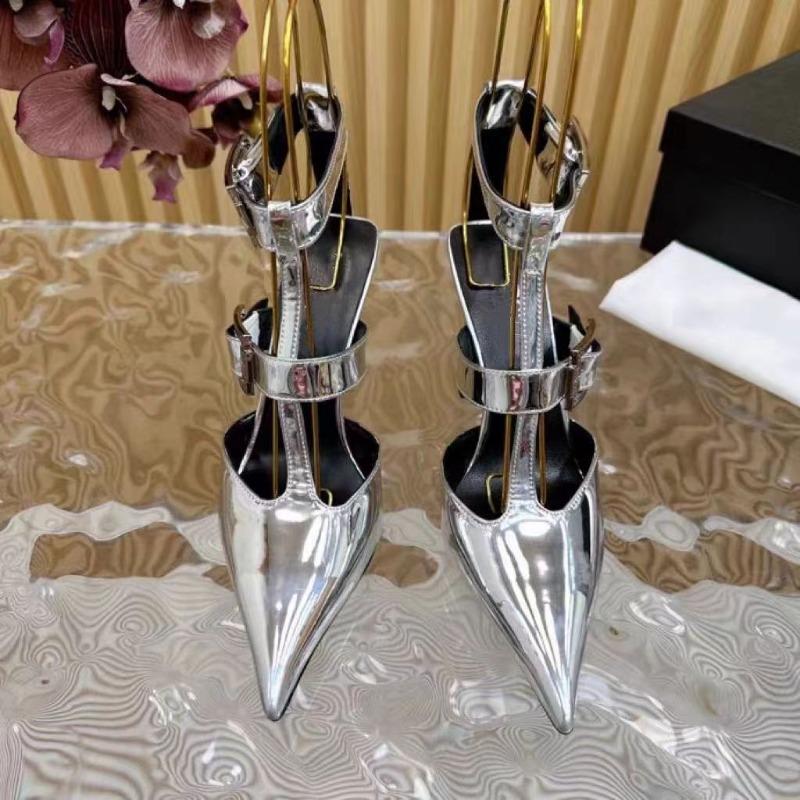 Fashion New Metal Decorative Belt Buckle Pointed Flat Heel High-heeled Shoes European American Fashion Spicy Girl Party Women Sandals