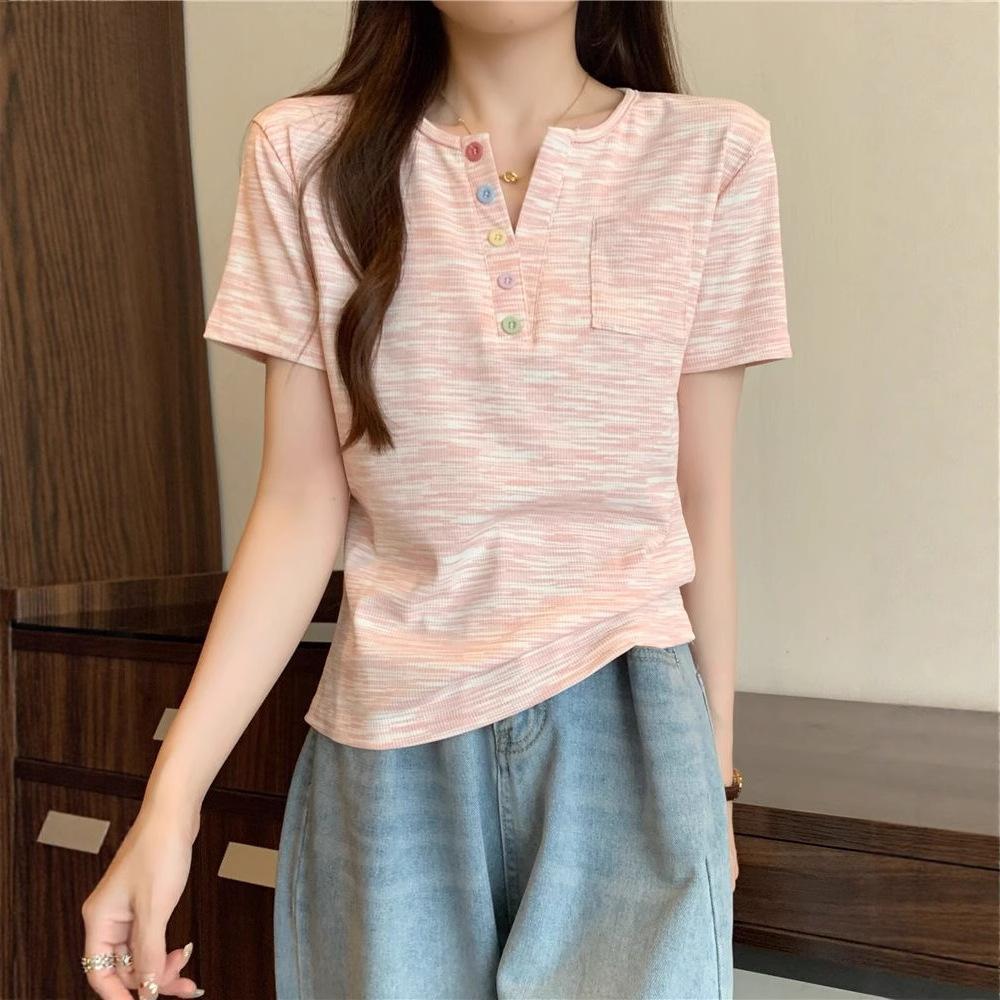 Pink Striped Color Buckle V-neck Front Shoulder Short-sleeved T-shirt Women's Summer Large Size Fat Mm Shirt Dopamine Top
