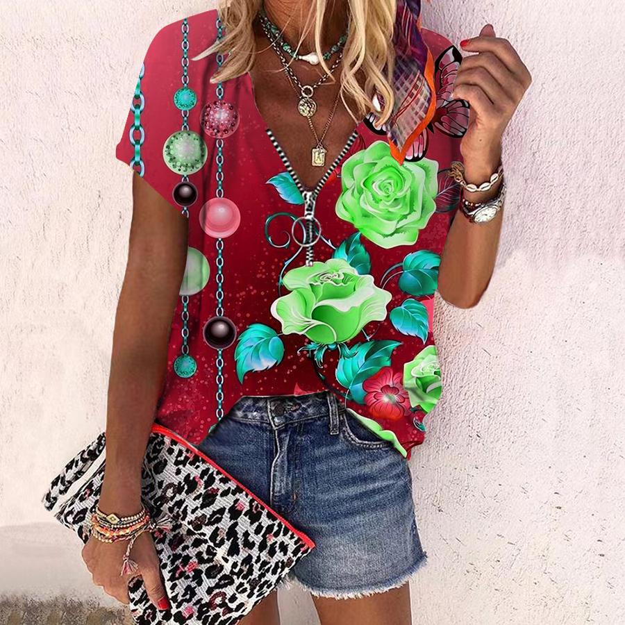 Top de mujer de verano nuevo de moda con estampado de flores rosas y flores brillantes, informal, con cremallera, cuello en V, manga corta