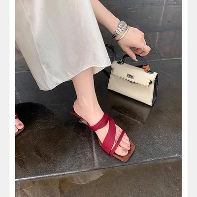 Grape Mother Has the Same Heel Height of 5.5cm~ Temperament Square Head with Thick Heel Open-toed Slippers Versatile Slope Heel Cool Slippers