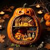 Halloween Cobweb Decorations Centerpiece Pumpkin, Wooden Pumpkin Ornament with Miniature Scenes, Rustic Ornaments Skeleton for Farmhouse Home