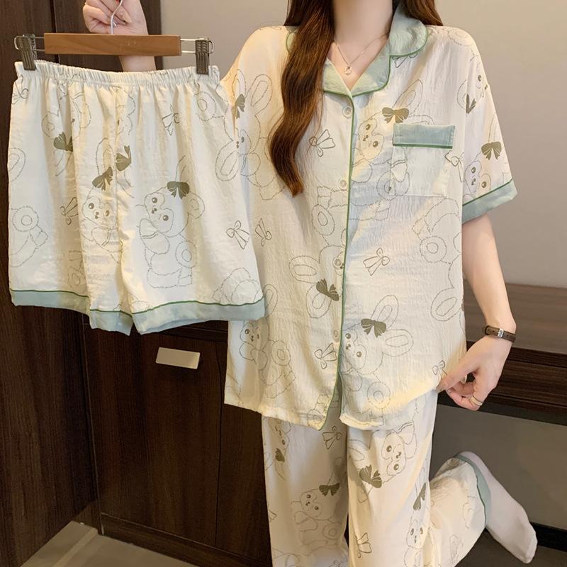 Girls Sweet Rabbit Cloud Cotton Pajamas Women'S Summer Comfortable Skin-Friendly Homewear Short Sleeve Three-Piece Set