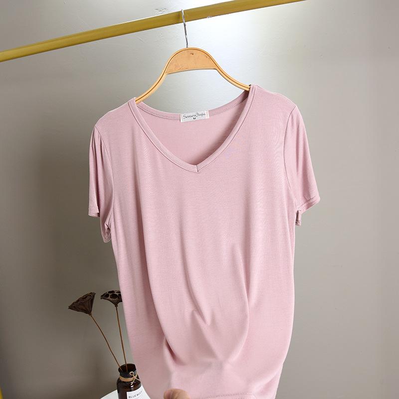 Damen V-Ausschnitt Kurzarm T-Shirt Lockerer Schnitt Pendler Freizeit Oberteil Einfarbige Modal Knitterfest Basis Layering T-Shirt Für Frühling Sommer Tägliche Kleidung