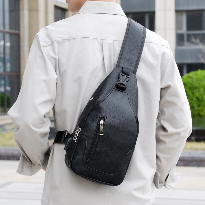 Simple and Fashionable Casual Solid Color PU Multifunctional USB Charging Zipper Man's Chest Bag Crossbody Bag for Commuting