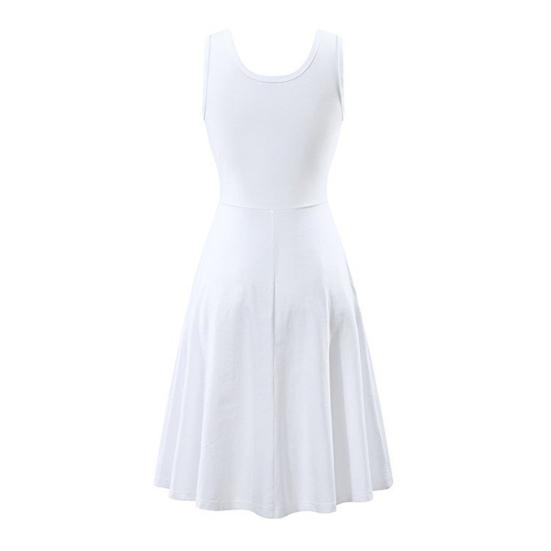 Frauen Kleid V-Ausschnitt ärmellos A-Linie locker Saum große Schaukel reine Farbe hohe Taille OL