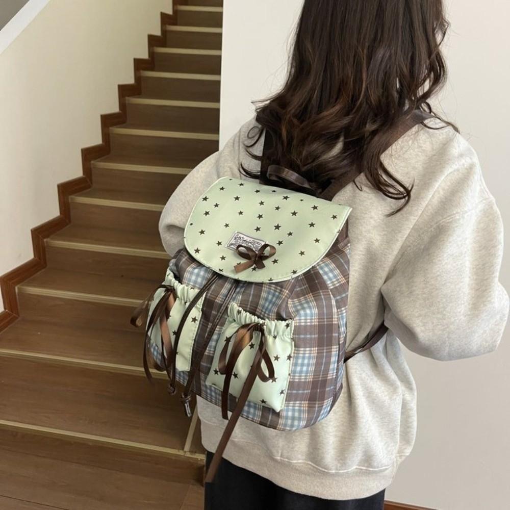 Süße Schleife Doppelschultertasche Sternenmuster Kontrastfarbe Schülertaschen Karomuster Gittermuster Minzgrün Kleiner Rucksack